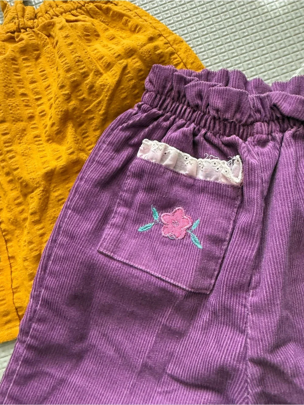 Vintage|Baby girl set,Mustard Yellow button Tank & corduroy pants-lace & floral•
